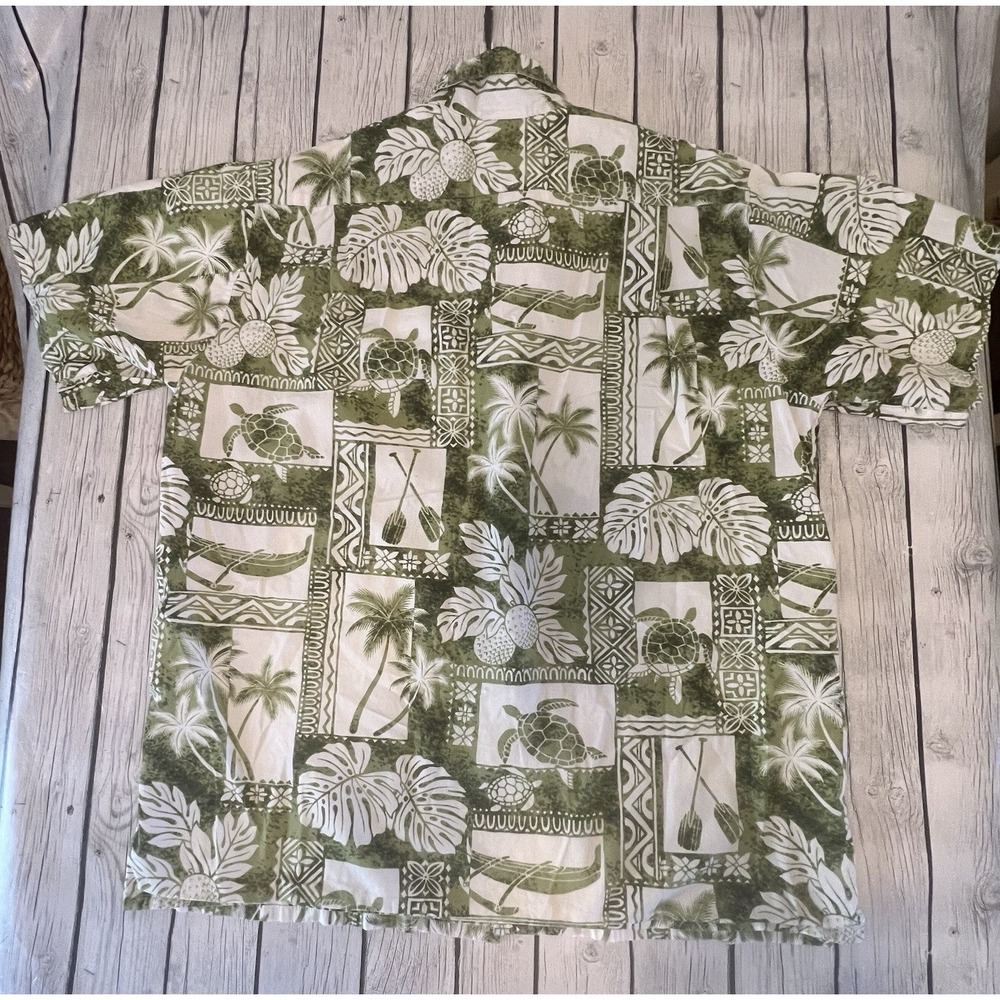 Go Barefoot Hawaiian Tradition Full Button Up Shirt XL Tall Green & White Beachy - Picture 6 of 6